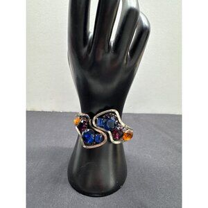 Vintage Silver-Tone Hinged Cuff Bracelet Multicolor Rhinestone Accents - Blue Or